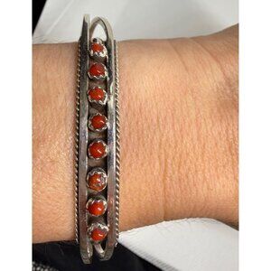 Signed Dainty Zuni Sterling Silver & Coral Cuff Bracelet Susie Livingston